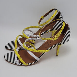 By Malone Souliers Strappy Yellow White Polka Dots Ankle Strap Heels Size EU 38